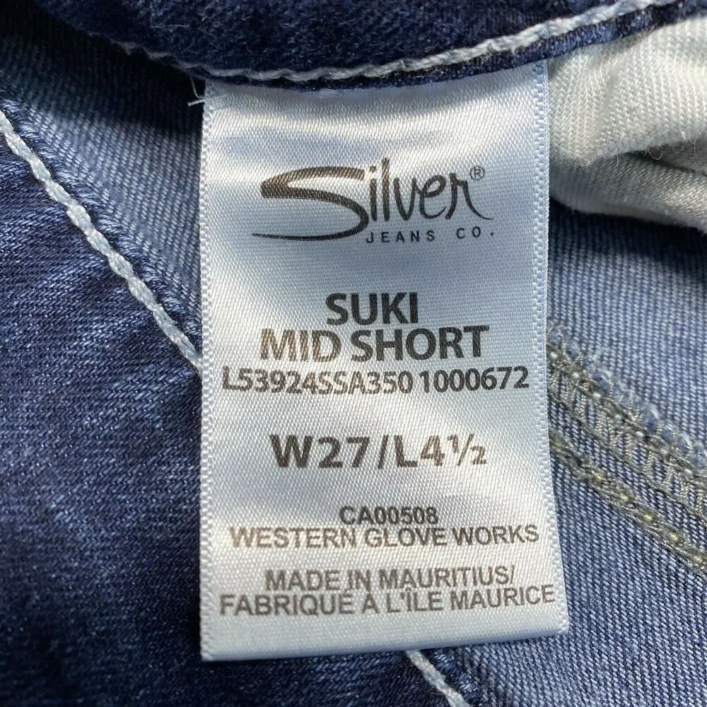 Silver Suki Mid Shorts 27 Blue Stretch Denim Jean Dark Wash Distressed